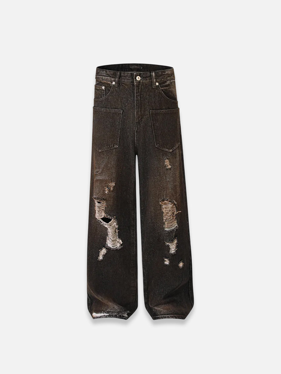 Ripped Dirty Color Jeans Brown / S