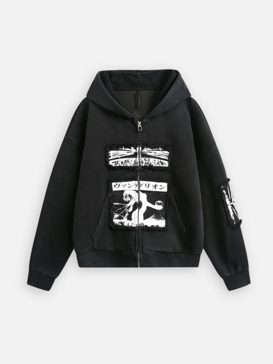 Japanese Style Patch Zipper Hoodie